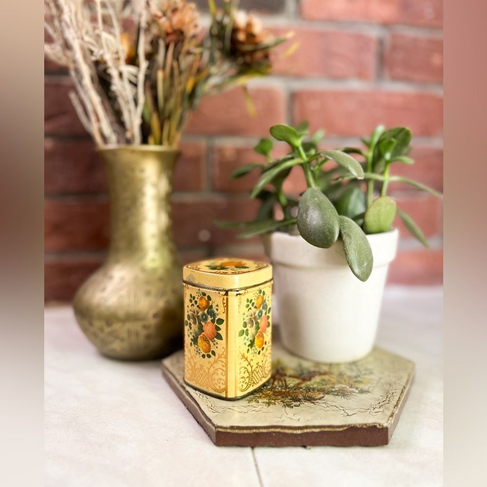 Vintage Small Floral Tin Yellow Metal Box - Made in England